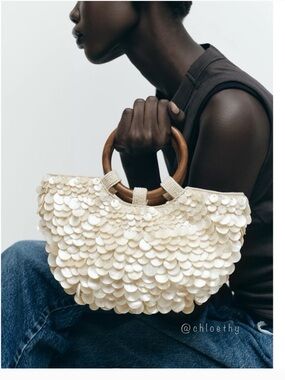 Zara Cream Sequin Shell Tote with Wooden Handles